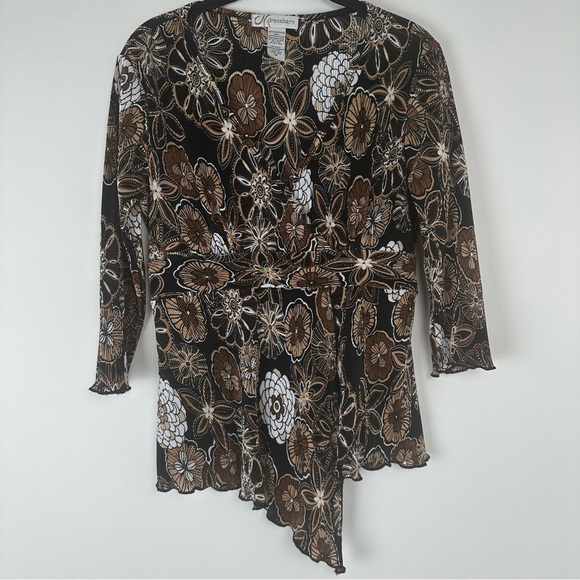 Dress Barn Top Size Medium Brown Y2K  Babydoll Hippie Asymmetrical Floral - Picture 1 of 7
